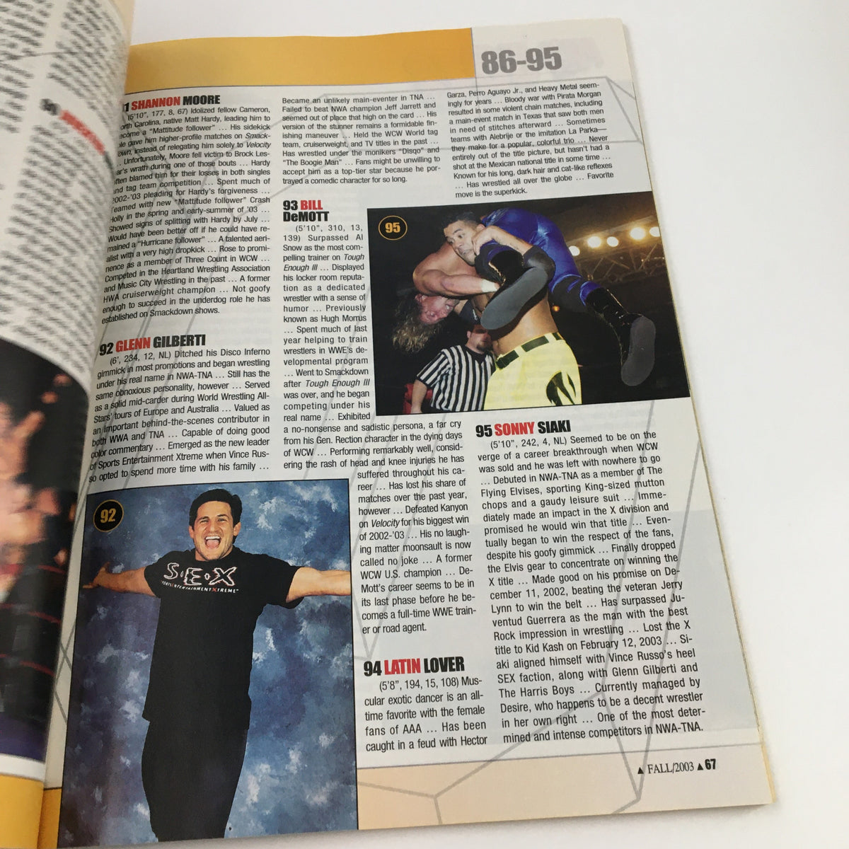 Wrestler profiles including Shannon Moore and others, showcasing rankings and details in Pro Wrestling Illustrated Magazine Fall 2003.