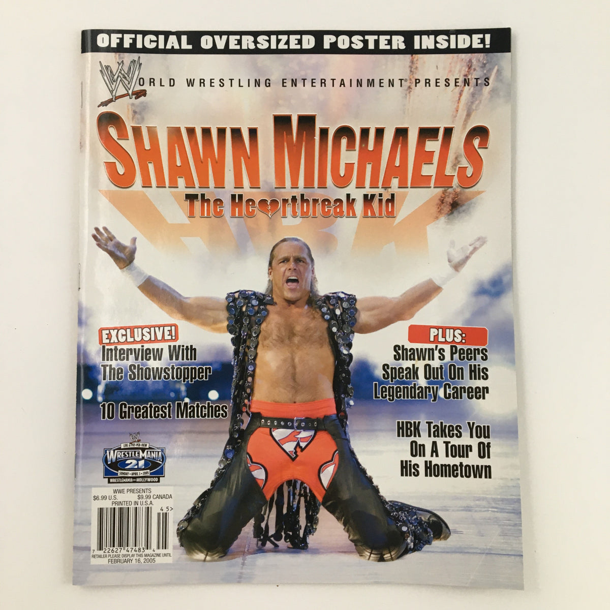 WWE Presents February 2005 Shawn Michaels The Heartbreak Kid magazine cover featuring Shawn Michaels in wrestling attire with a promotional announcement for interviews and features.
