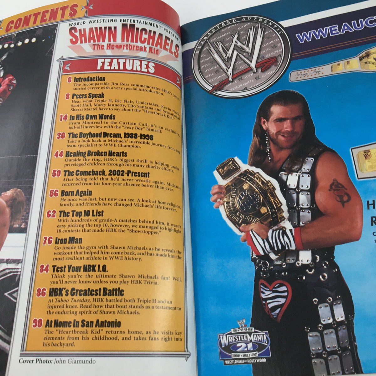 WWE Presents February 2005 Shawn Michaels The Heartbreak Kid magazine interior page displaying features, including an interview with Shawn Michaels and highlights of his career.