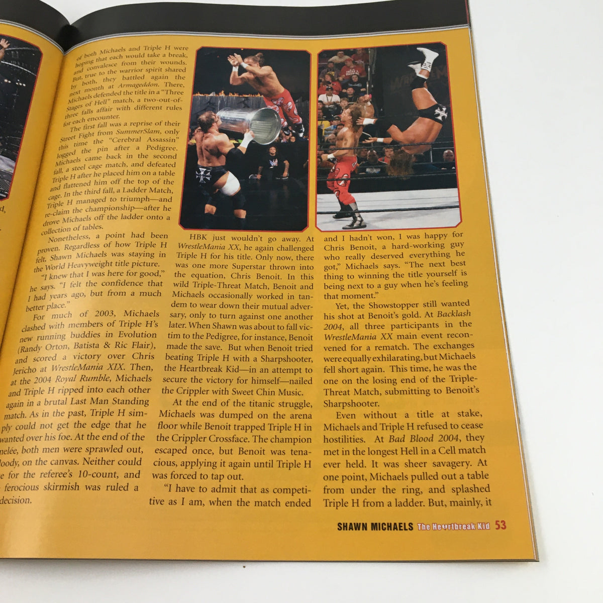 WWE Presents February 2005 Shawn Michaels The Heartbreak Kid magazine interior page outlining significant moments in Shawn Michaels' wrestling career.