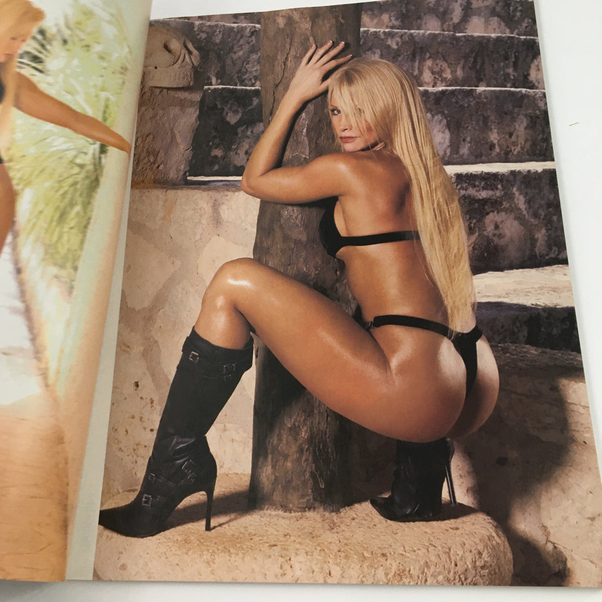Another inside photo from WWE Divas Magazine 2004 featuring Torrie Wilson in a striking pose near a tree.