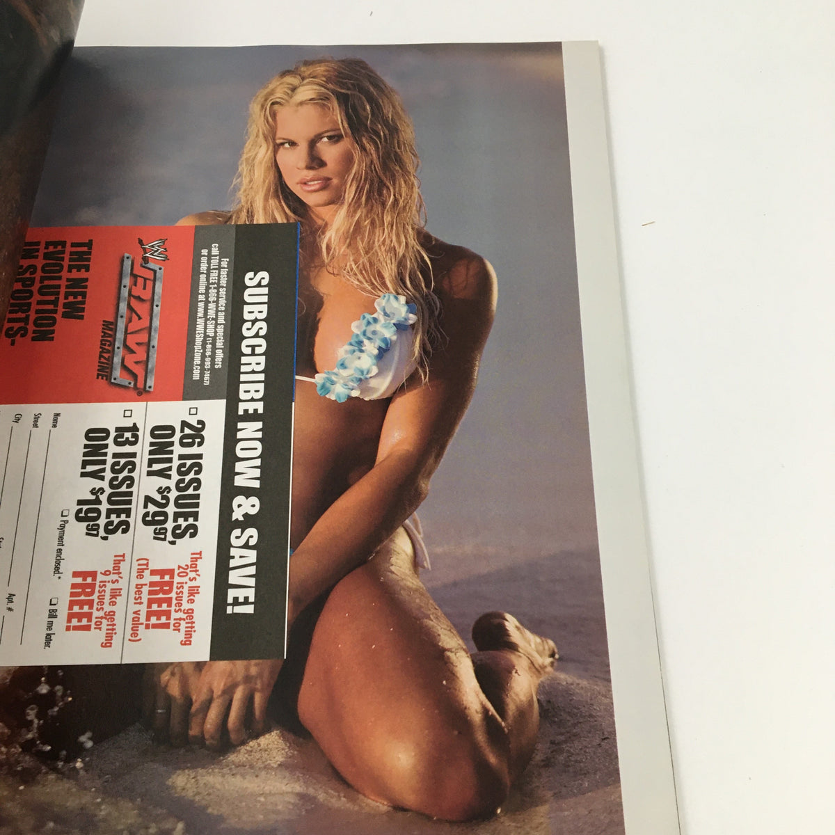 WWE Divas Magazine 2004 Torrie Wilson, Trish Cam, Miss Jackie - Model in a bikini lounging on the beach with wet hair and a playful expression.
