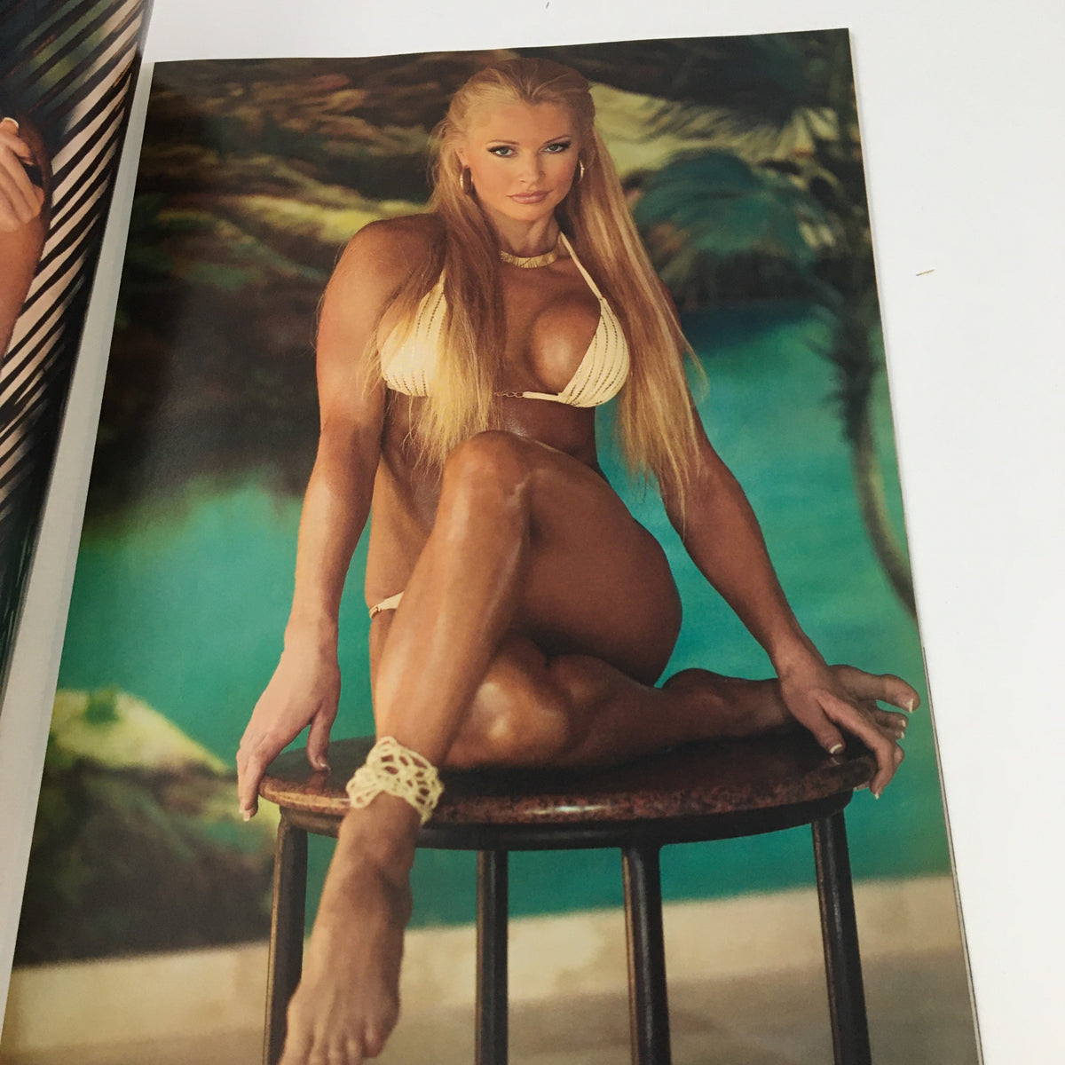 WWE Divas Magazine 2004 showcasing a model in a bikini sitting on a stool, highlighting the style and glamour of the early 2000s wrestling scene with Miss Jackie.