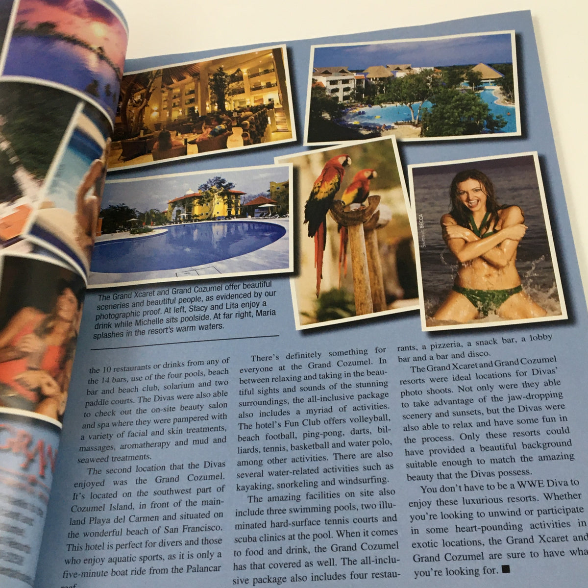 WWE Divas Magazine 2005 page highlighting a luxurious resort and activities available at the Grand Xcaret with an emphasis on relaxation and fun.