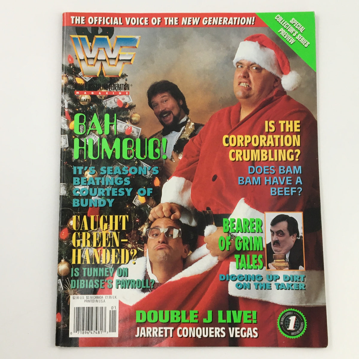 WWF Magazine January 1995 featuring Ted Dibiase and Vince McMahon on the cover, showcasing a festive theme with 'Bah Humbug!' headline and various wrestling-related headlines.