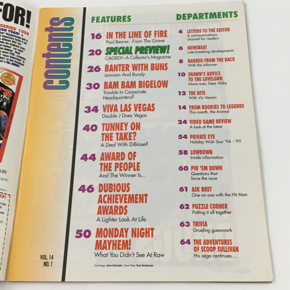 WWF Magazine January 1995 contents page showcasing various featured articles and departments, including topics like 'In the Line of Fire' and 'Award of the People.'