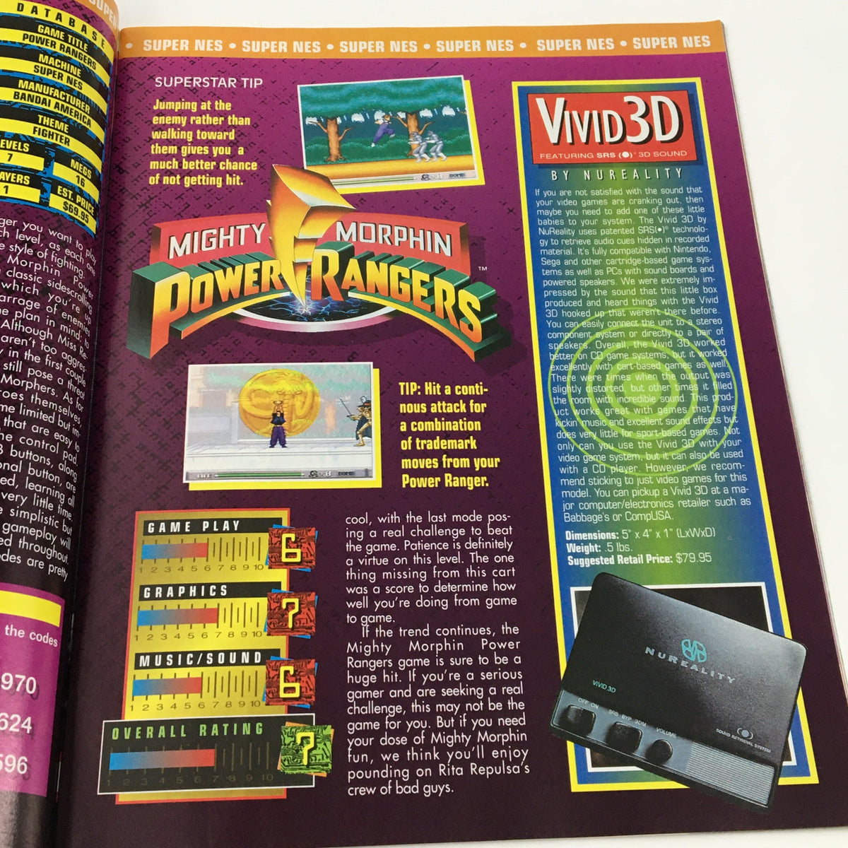 WWF Magazine January 1995 gaming review article for 'Mighty Morphin Power Rangers,' detailing gameplay tips and overall ratings for the Super NES game.