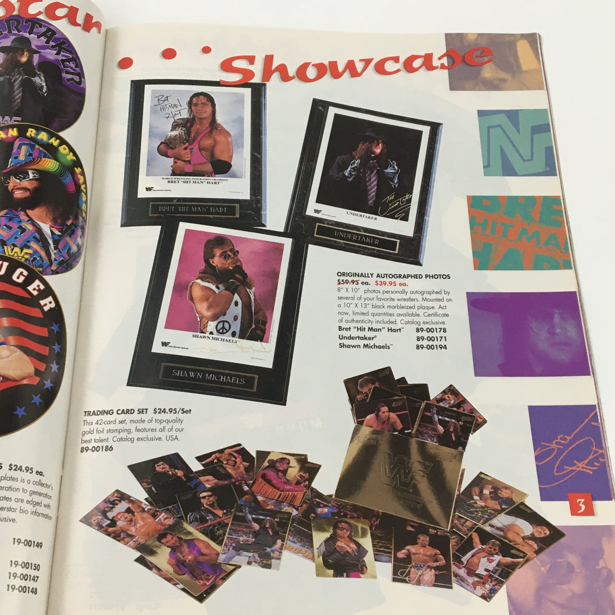 WWF Magazine January 1995 page showcasing autographed photos of wrestling superstars including Bret 'Hit Man' Hart, Shawn Michaels, and The Undertaker.