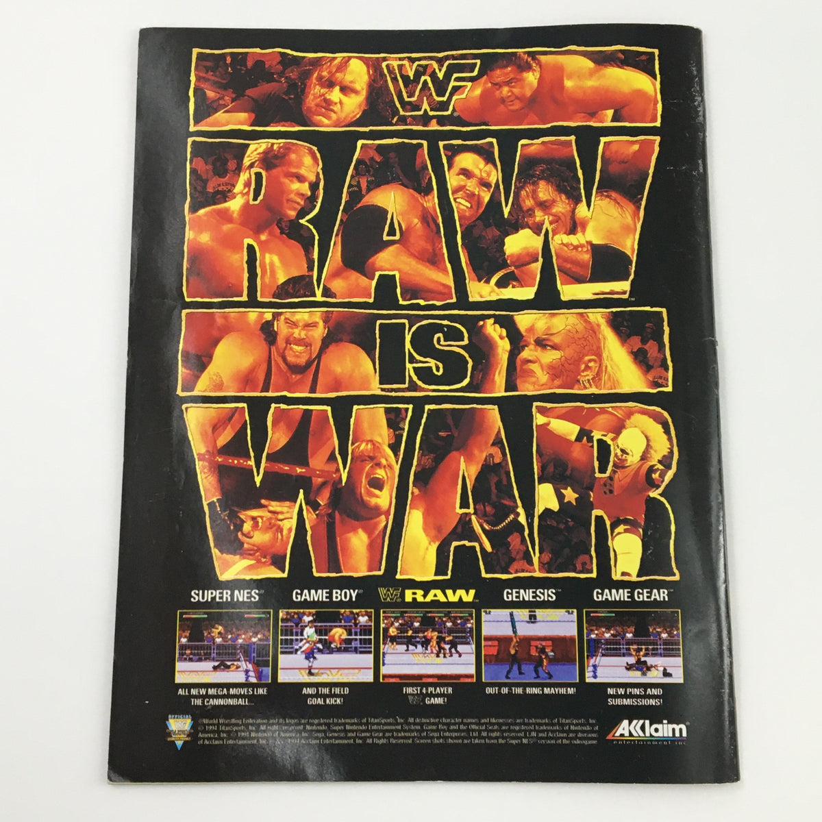 WWF Magazine January 1995 advertisement page highlighting the video game 'RAW is WAR' with images of gameplay and wrestlers.