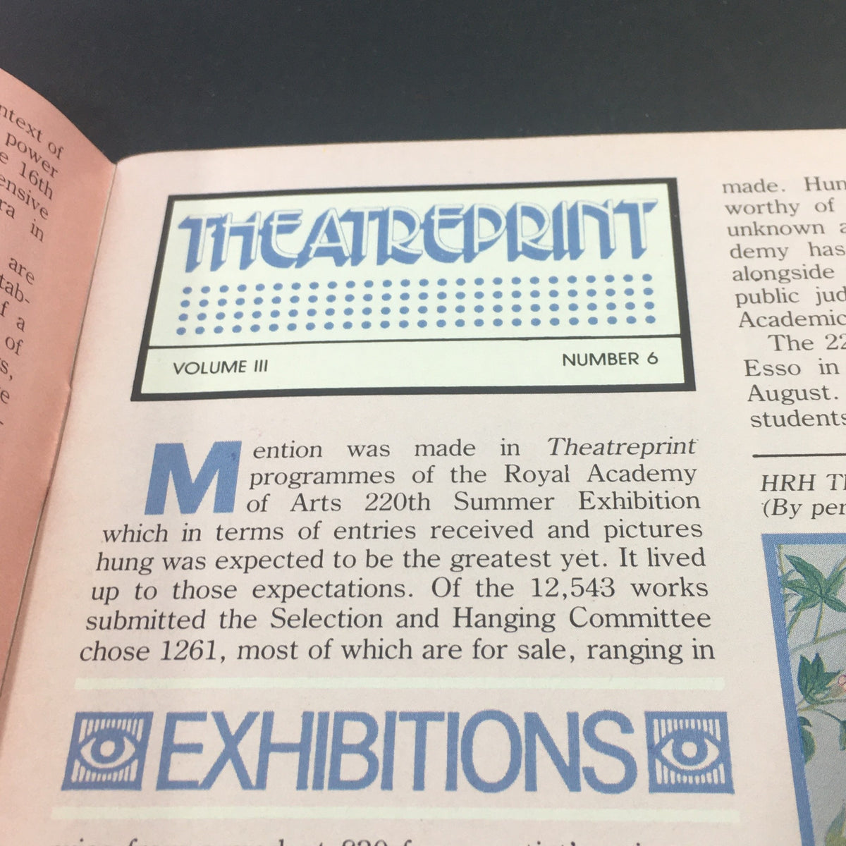 Page from VTG The Globe Vol. III #6 1988 displaying the header of Theatreprint and the word Exhibitions, highlighting content about art and theater events.