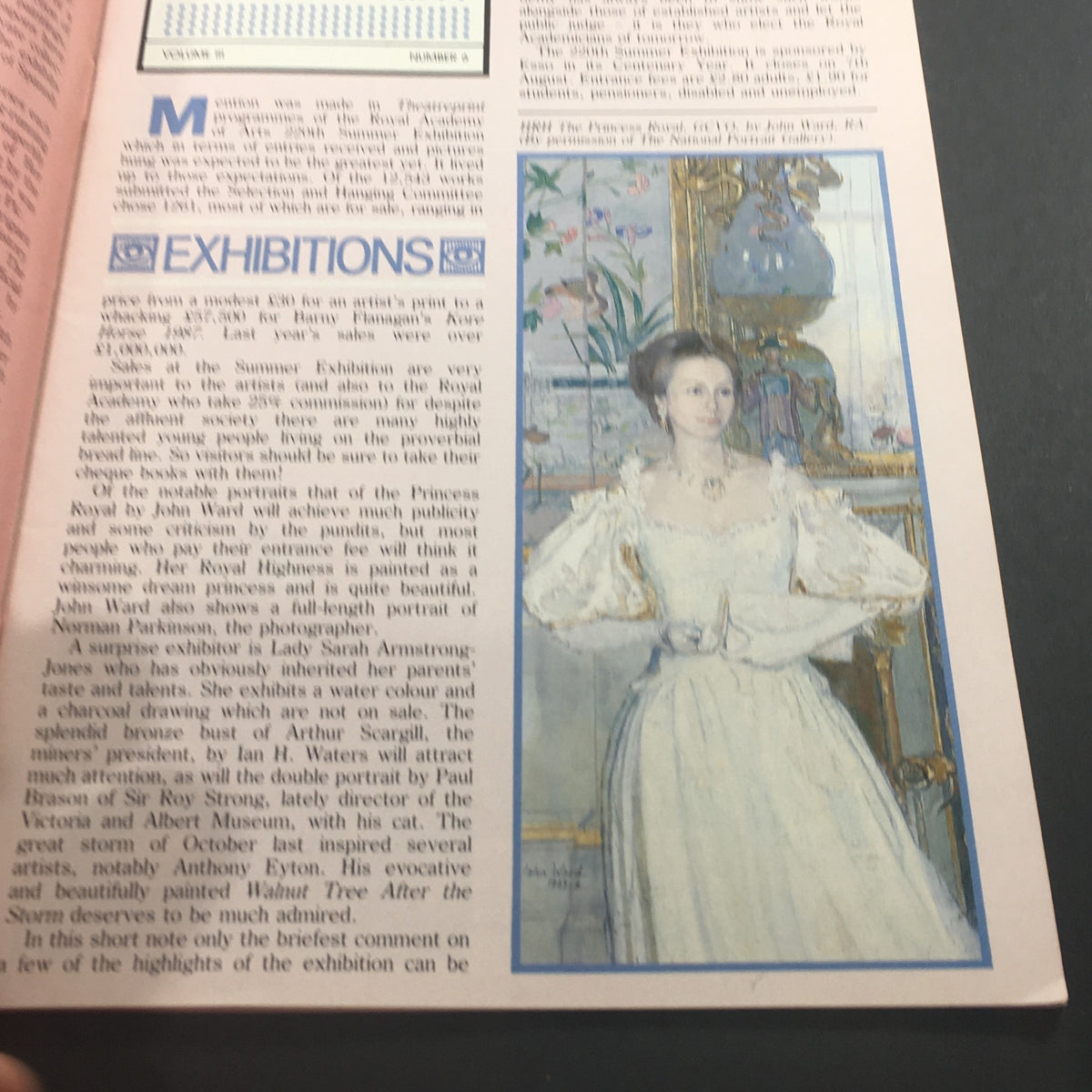 An image from VTG The Globe Vol. III #6 1988, featuring the Exhibitions section showcasing artwork along with a portrait of a woman in elegant attire, highlighting cultural events of that era.