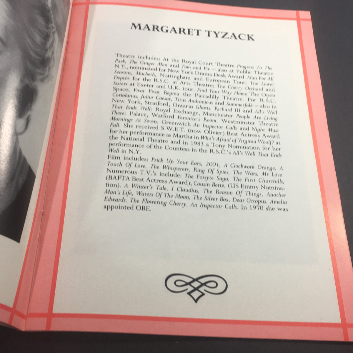 A detailed profile of Margaret Tyzack from VTG The Globe Vol. III #6 1988, listing her theater performances and film roles, showcasing her career highlights.