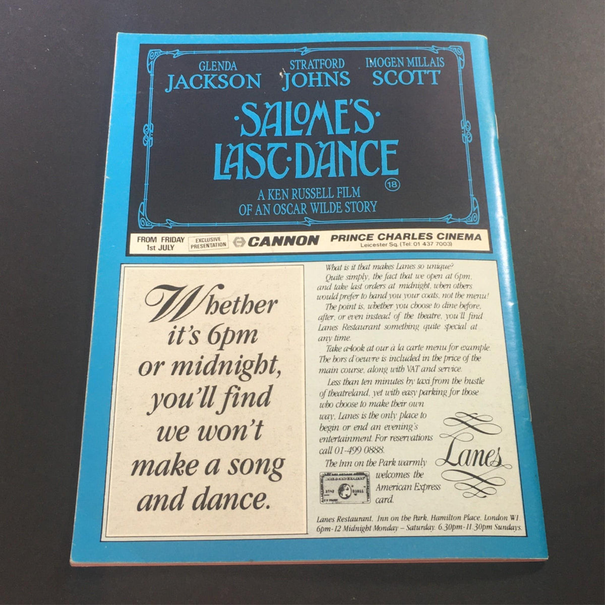 Back cover of VTG The Globe Vol. III #6 1988 featuring an advertisement for the film 'Salome's Last Dance' with cast credits, illustrating a vintage cinematic promotion.