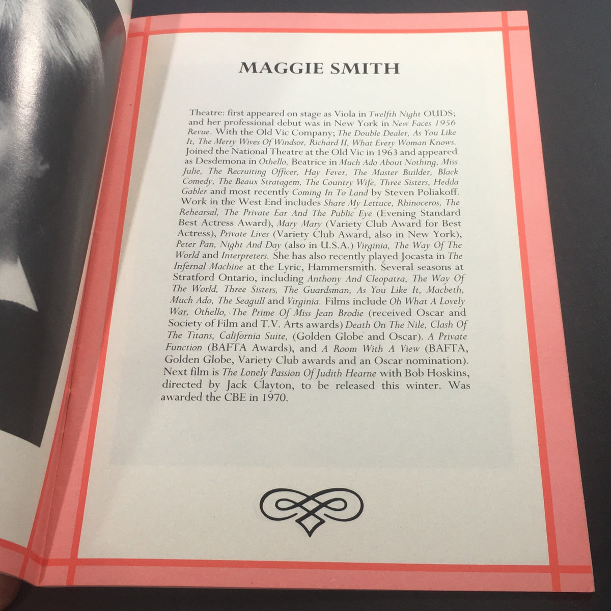Inside page of VTG The Globe Vol. III #6 1988, showcasing a profile on actress Maggie Smith detailing her theatrical achievements and film awards.