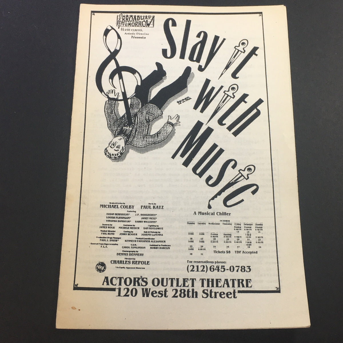 VTG Broadway Tomorrow 1989 - Slay it with Music / Actor's Outlet Theatre promotional flyer featuring a character holding a musical note.