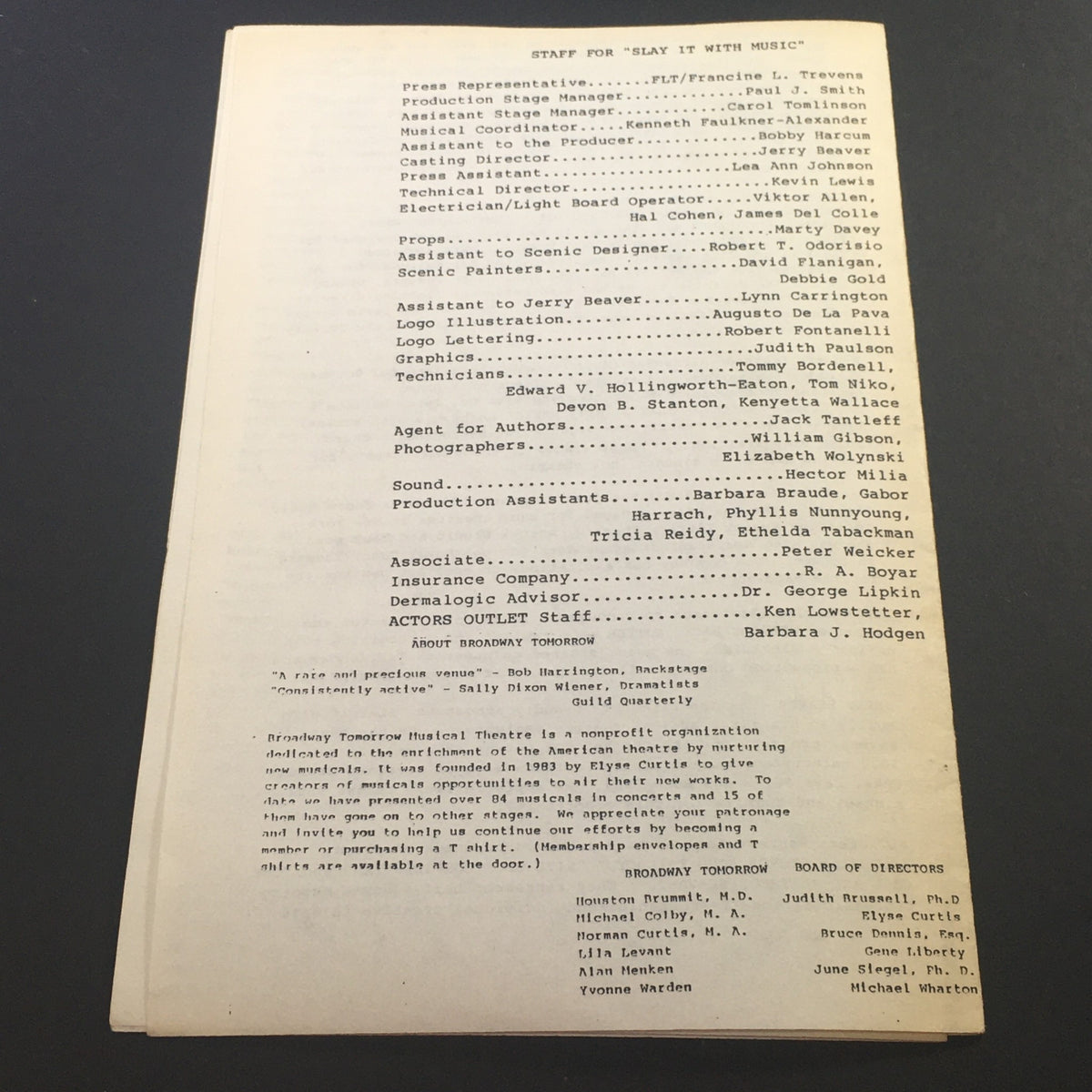 VTG Broadway Tomorrow 1989 - Slay it with Music / Actor's Outlet Theatre production staff details on the back page of the program.