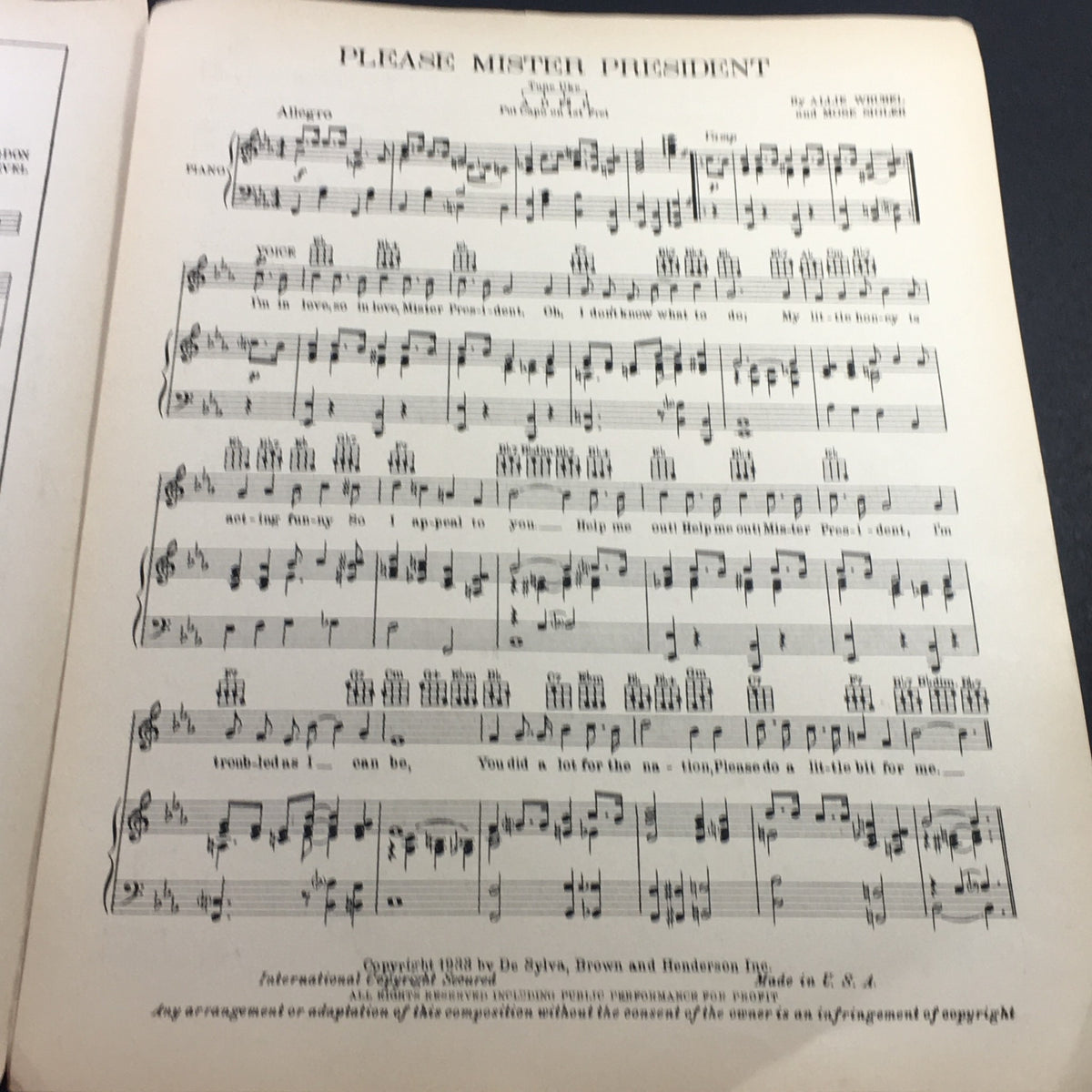 Interior page from the sheet music of 'Please Mister President' with musical notation and lyrics.