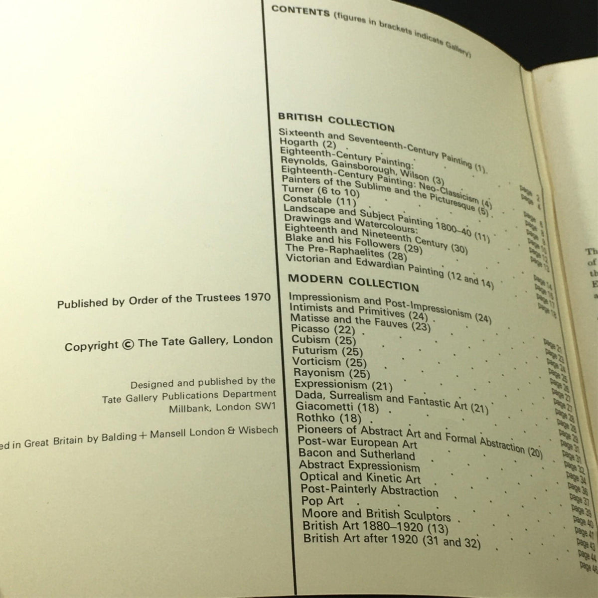 Table of contents from the VTG 1970 Official Guide to the Tate Gallery, featuring sections on the British Collection and Modern Collection.