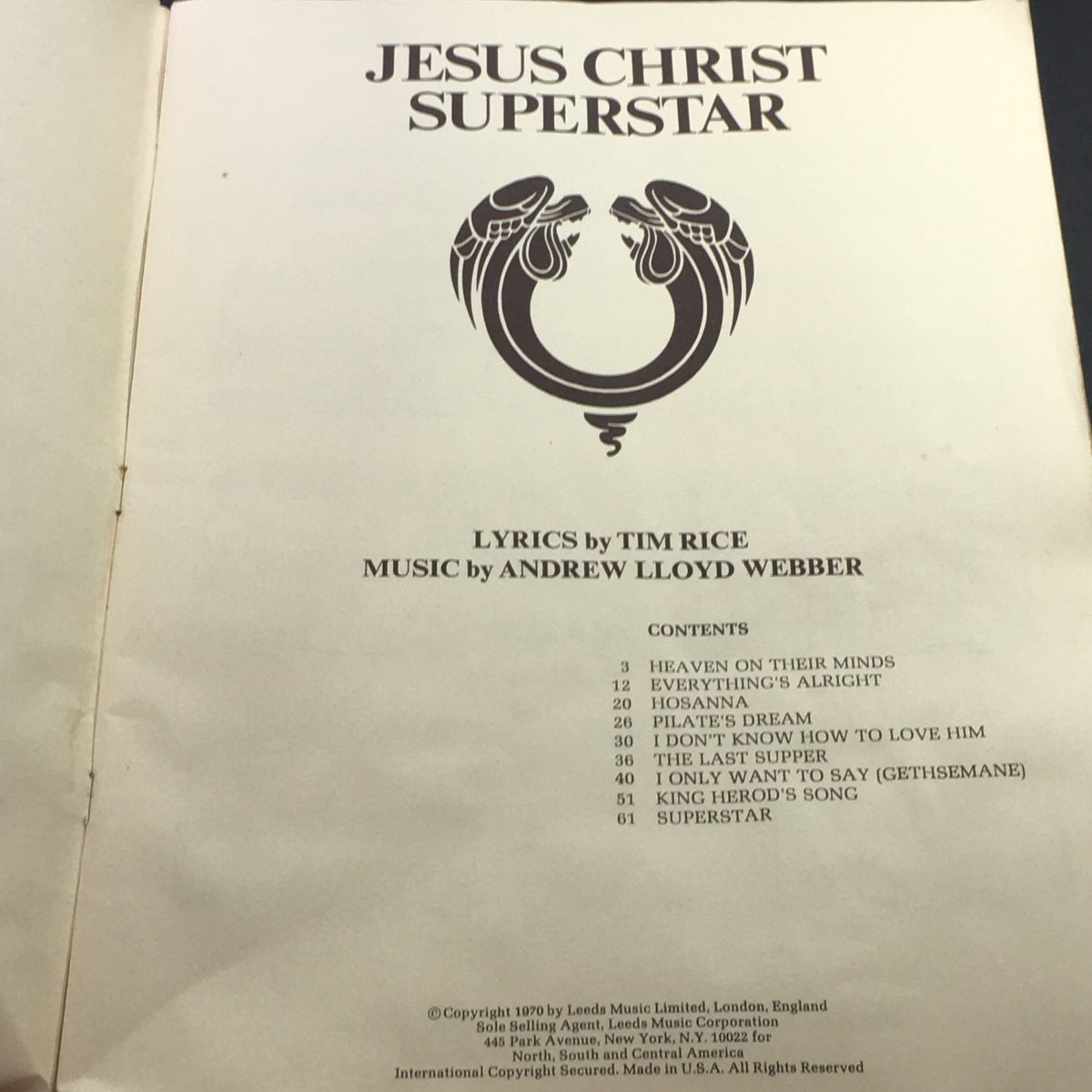 Inside view of the VTG 1970 Jesus Christ Superstar Music Book displaying the contents page with lyrics by Tim Rice and music by Andrew Lloyd Webber.