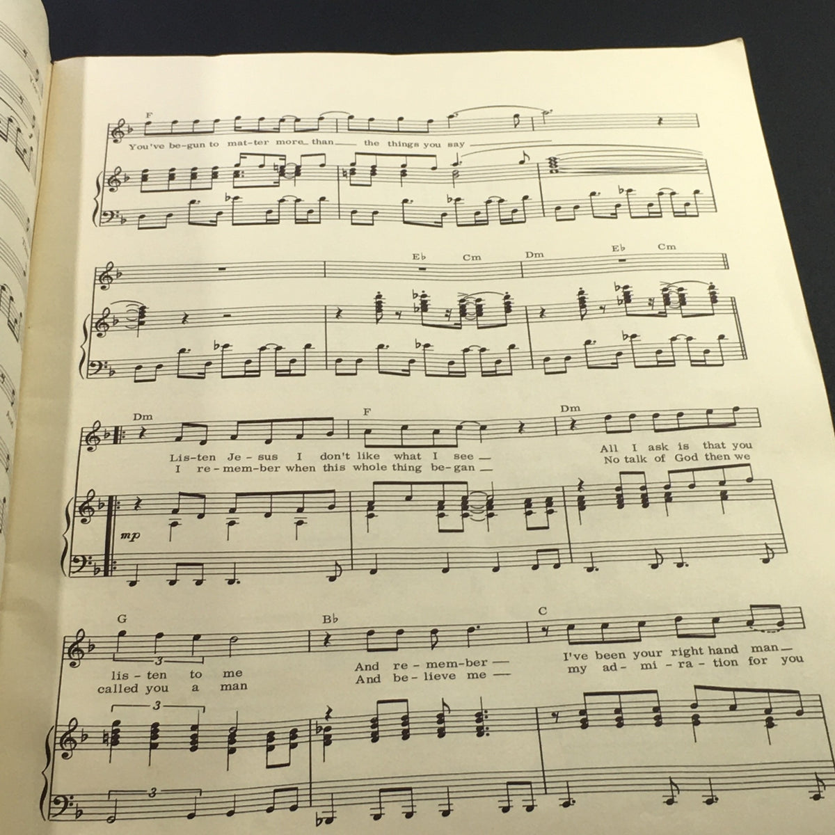 Sheet music excerpt from the VTG 1970 Jesus Christ Superstar Music Book by Tim Rice & Andrew Lloyd Webber featuring lyrics and musical notes.