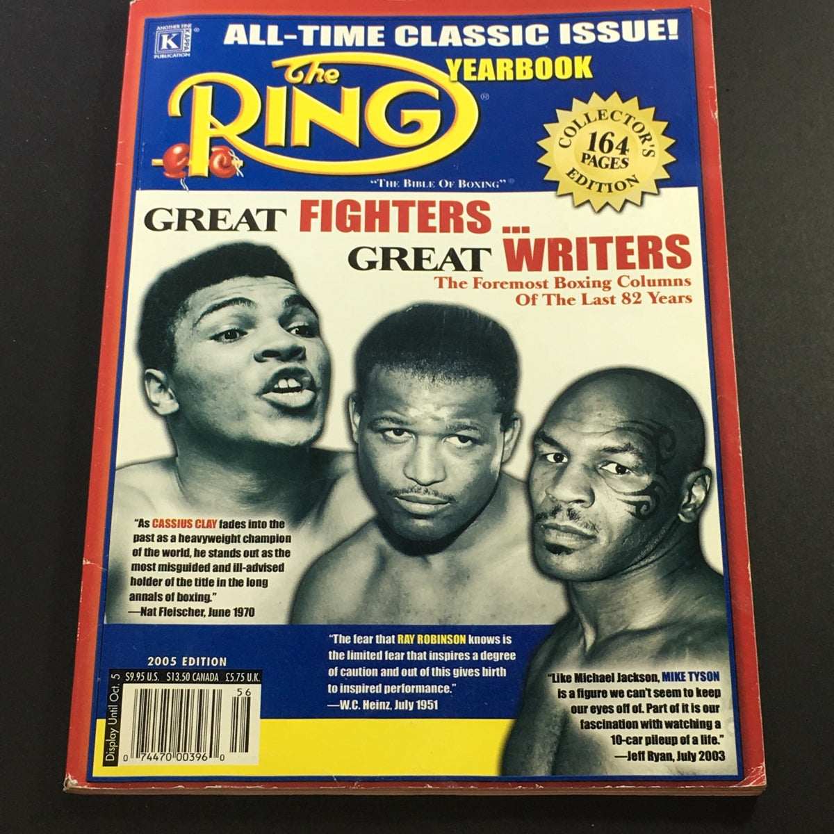 The Ring Yearbook Magazine 2005 featuring boxing legends Cassius Clay, Ray Robinson, and Mike Tyson on the cover, showcasing the rich history of boxing with collectible highlights from past columns.