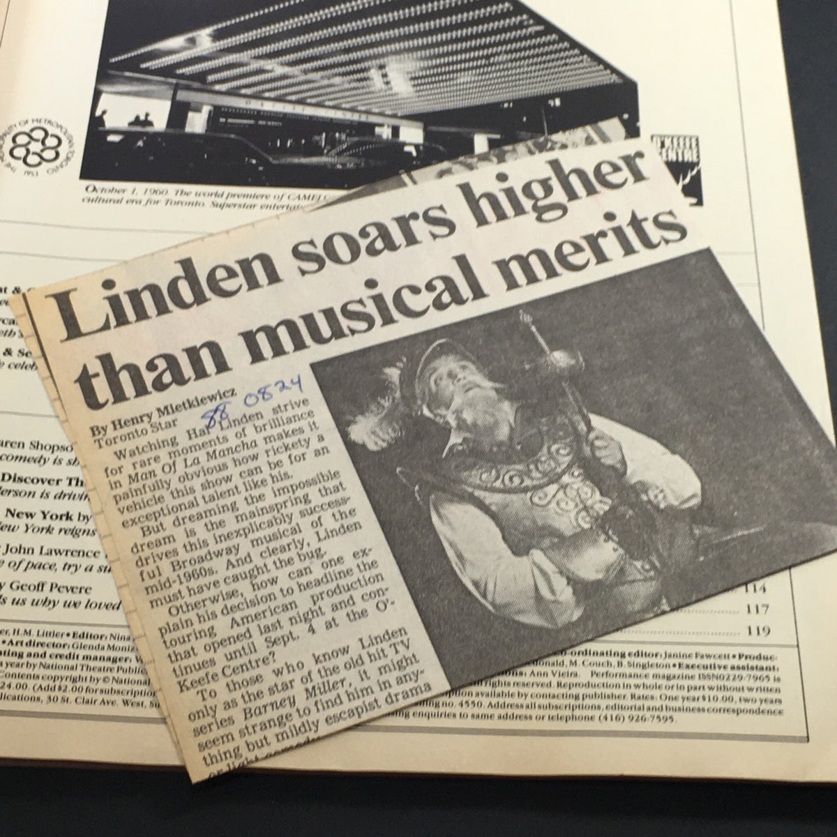 An article from the VTG Performance Theatre Magazine featuring a review titled 'Linden soars higher than musical merits', discussing the performance of 'Man of La Mancha' dated August 23 to September 4, 1988. It emphasizes the show’s critical reception and performance aspects.
