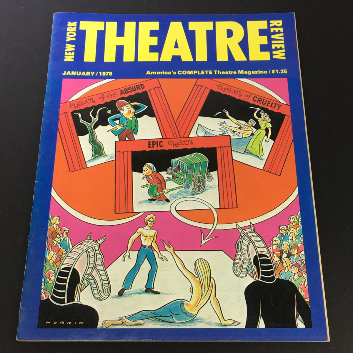 Cover of New York Theatre Review Magazine, January 1978 - Musings of the Feminist Muse, featuring colorful illustrations representing various theatre styles including Theatre of the Absurd and Epic Theatre.