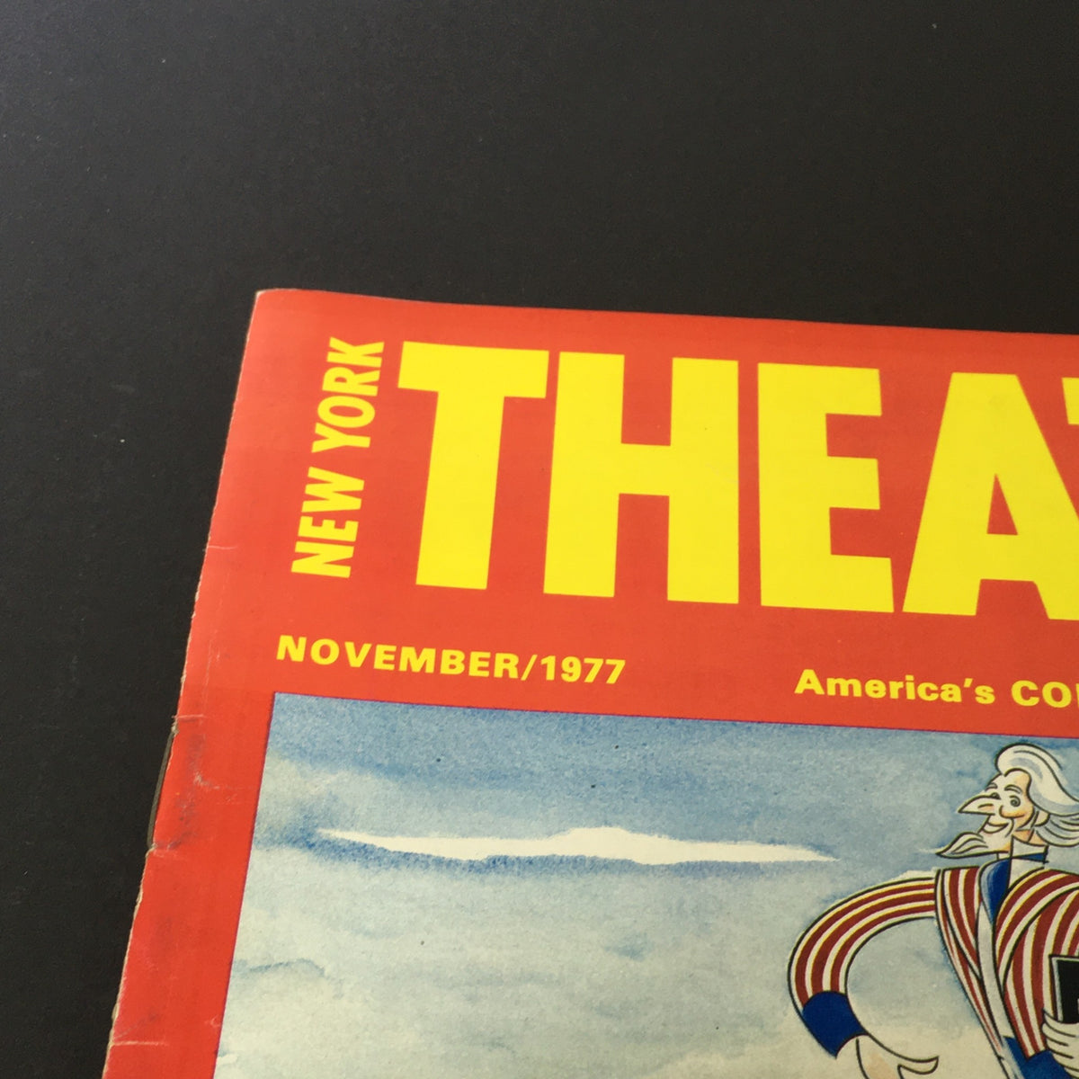 Close-up of the bold title and month on the VTG New York Theatre Review Magazine from November 1977.