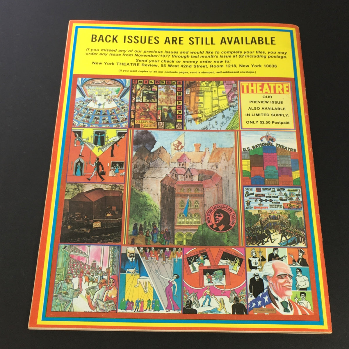 Back cover of the VTG New York Theatre Review Magazine February 1979 showcasing advertisements and artwork from past issues, emphasizing the availability of vintage theatre publications.