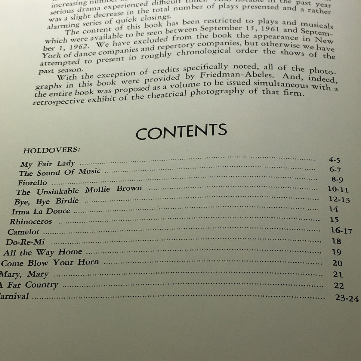 Table of contents page from the VTG Broadway Theatre Annual 1961-1962 - My Fair Lady / The Sound of Music with listed performances.