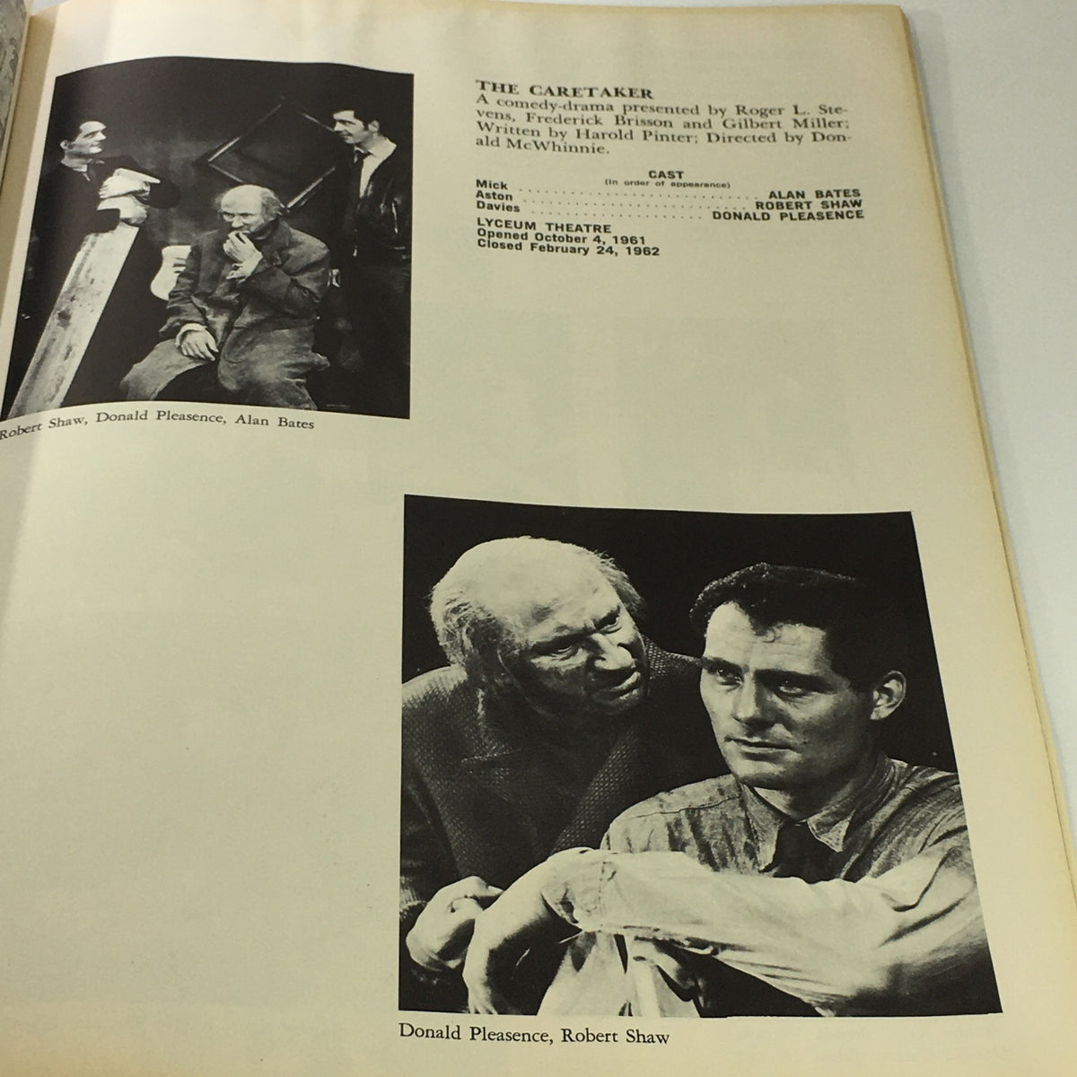 Page featuring 'The Caretaker' details and cast from the VTG Broadway Theatre Annual 1961-1962 - My Fair Lady / The Sound of Music.