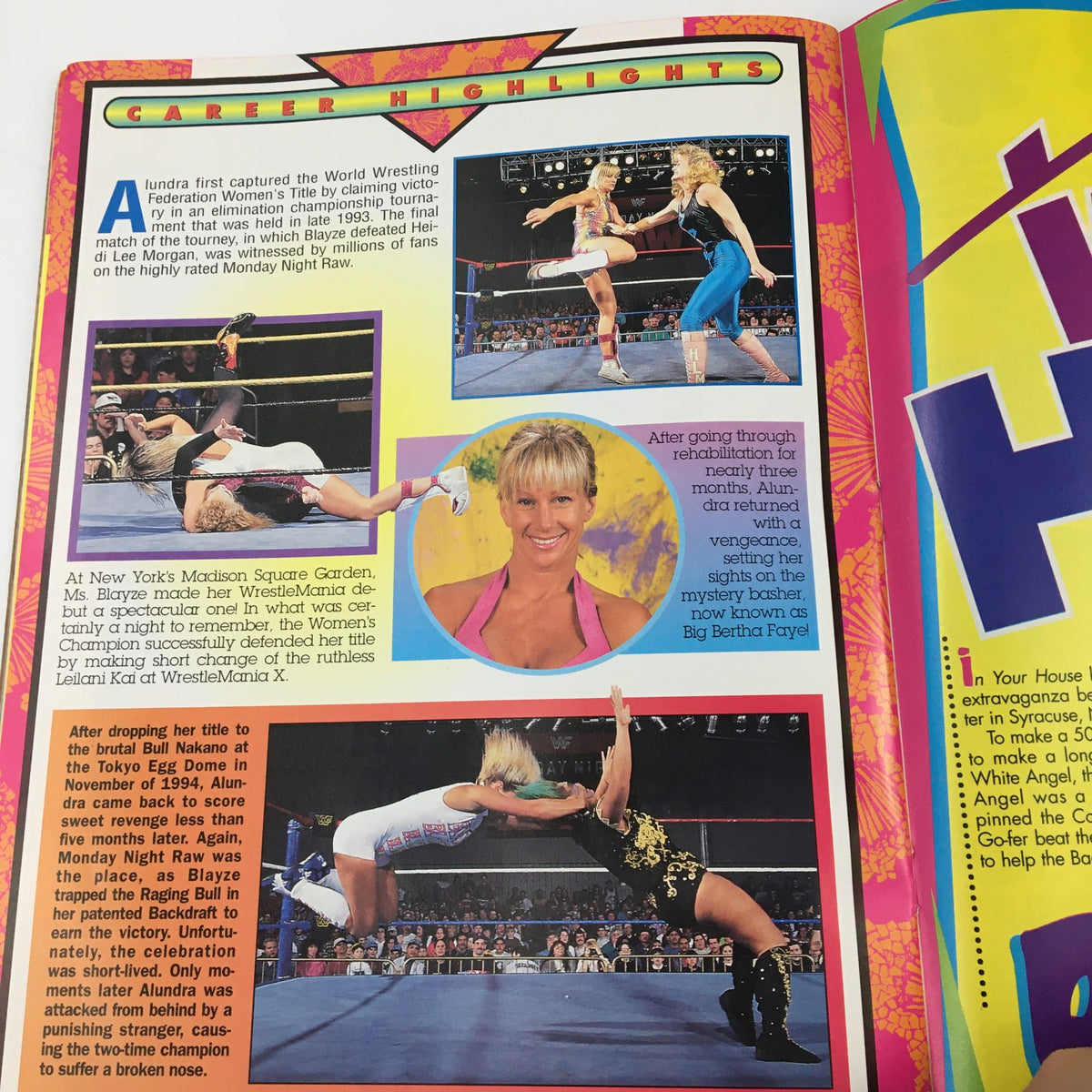 WWF Magazine August 1995 featuring a page on Alundra Blayze's career highlights and significant match moments.