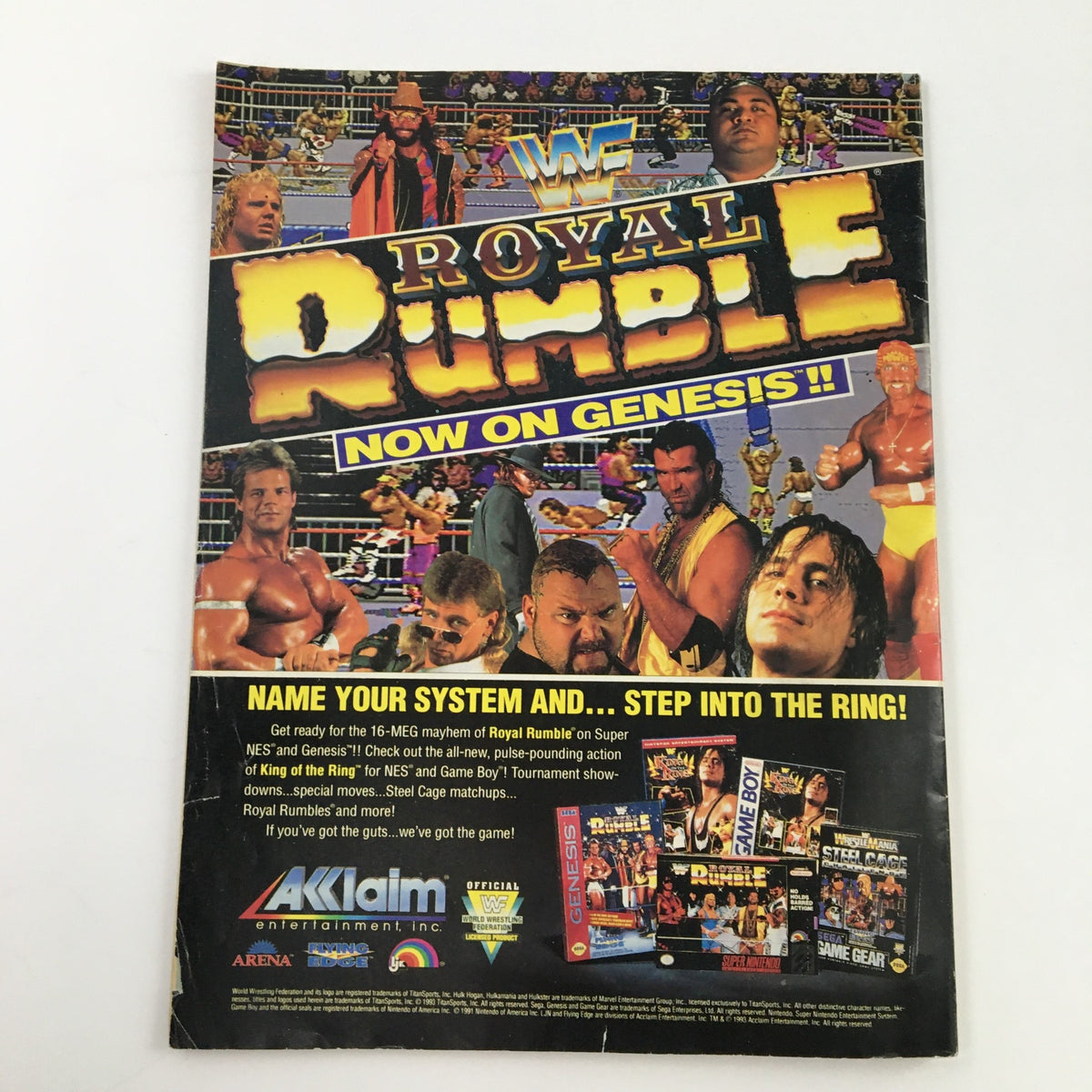 Back cover of Pro Wrestling Illustrated Magazine January 1994 promoting the Royal Rumble game for various gaming systems.