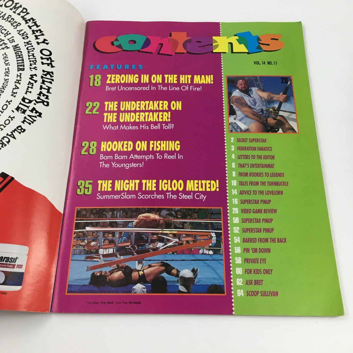 Contents page of WWF Magazine November 1995 featuring The Undertaker and highlights from various wrestling matches.