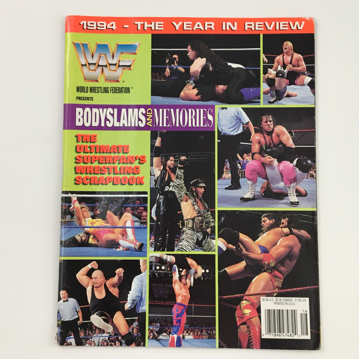 Cover of WWF Presents 1994 Bodyslams & Memories featuring various wrestling scenes and superstars from the year, showcasing the excitement of the mid-90s wrestling scene.