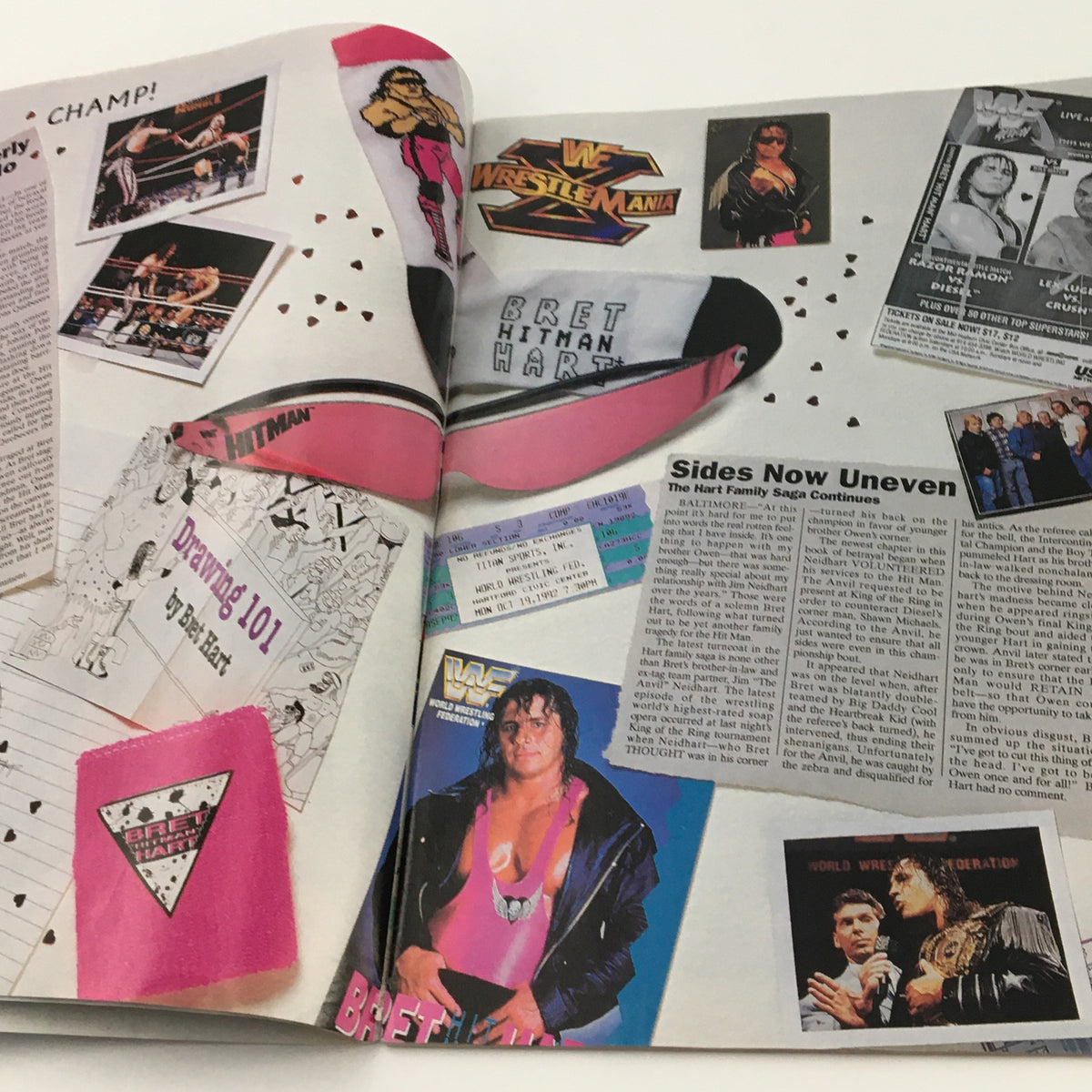 Inside view of WWF Presents 1994 Bodyslams & Memories magazine showing articles and images of Bret 'Hitman' Hart and WrestleMania details.