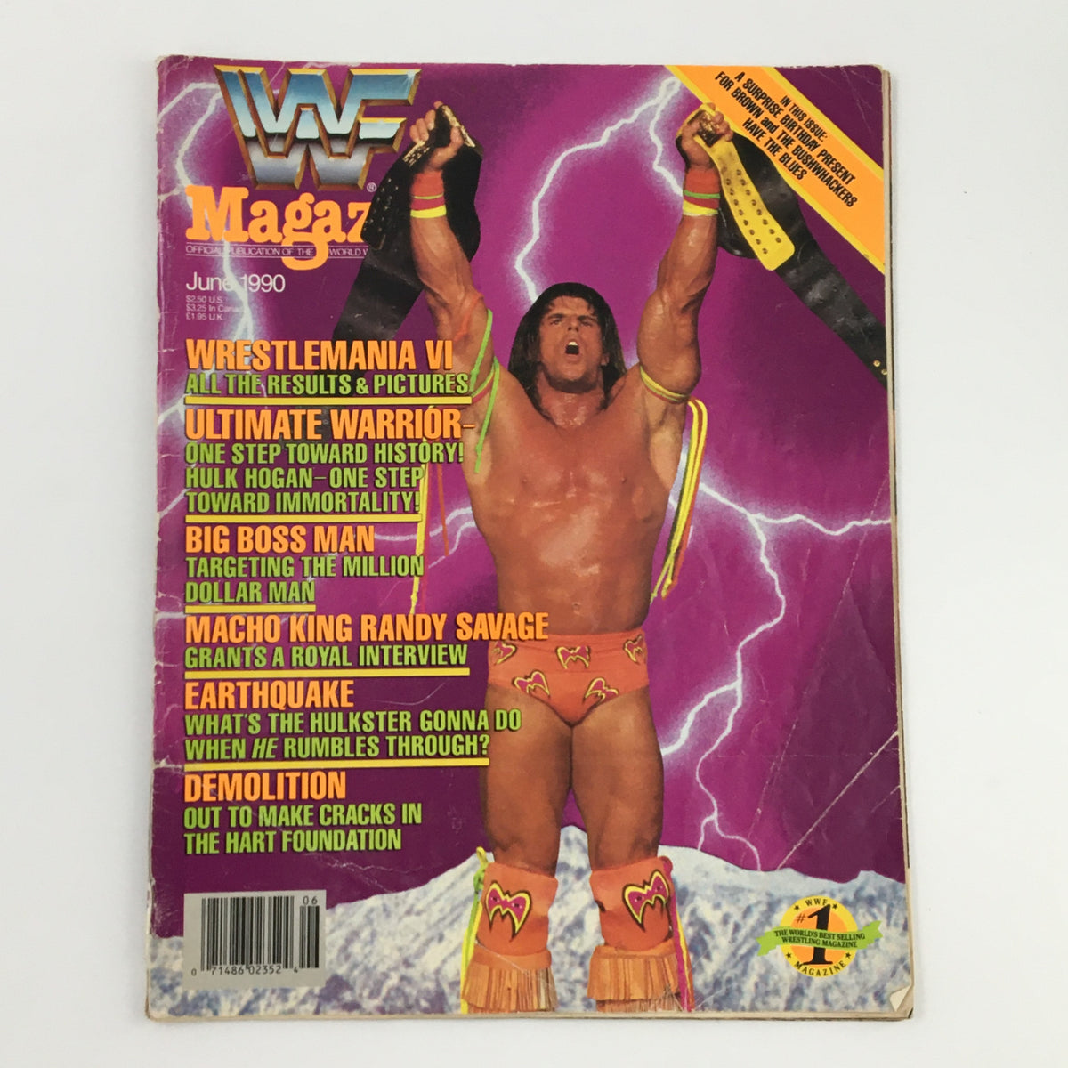 WWF Magazine June 1990 featuring Ultimate Warrior on the cover, showcasing vivid graphics and classic wrestling imagery.