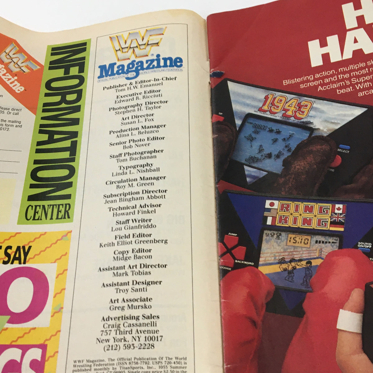 Interior page of WWF Magazine June 1990 displaying the Information Center with magazine staff details and design credits.