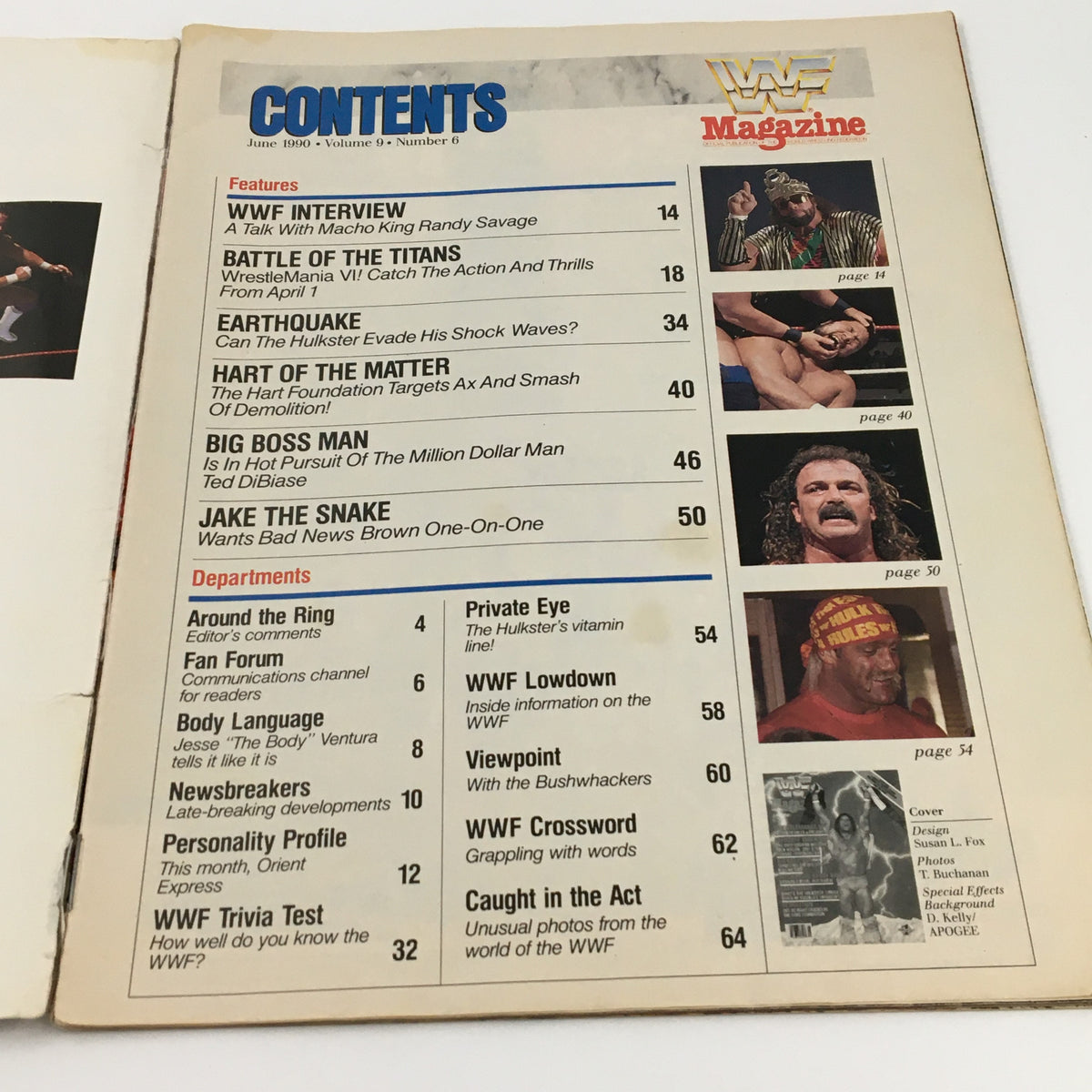 Contents page of WWF Magazine June 1990 listing featured articles including an interview with Macho King Randy Savage.