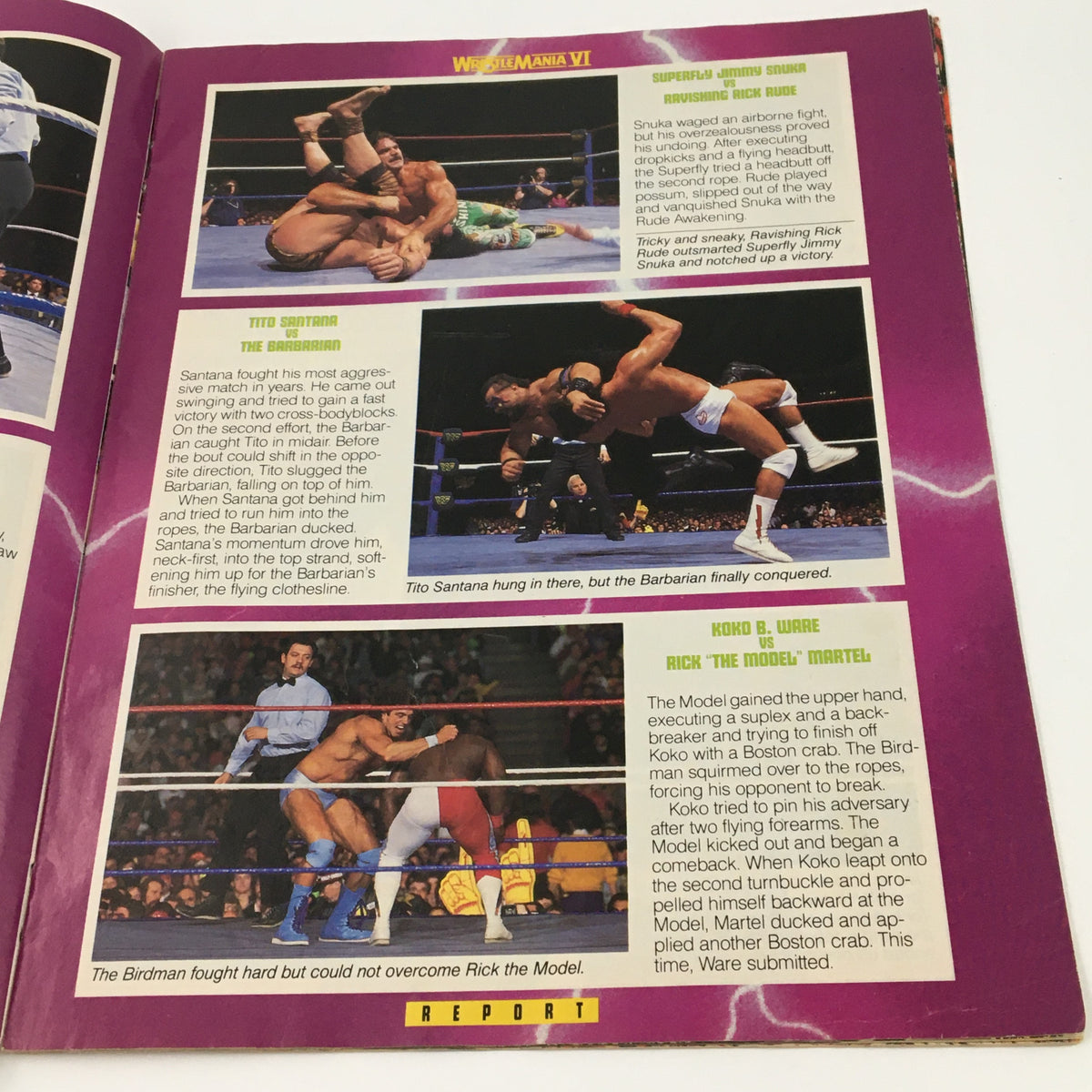 Page from June 1990 WWF Magazine detailing match highlights from WrestleMania VI, showcasing popular wrestlers in action.