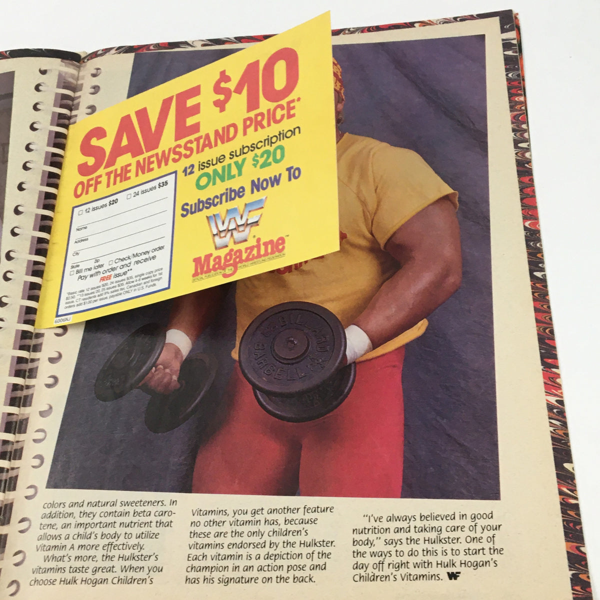 Subscription offer from the June 1990 WWF Magazine displaying Hulk Hogan holding dumbbells, promoting children’s vitamins and a special magazine subscription deal.