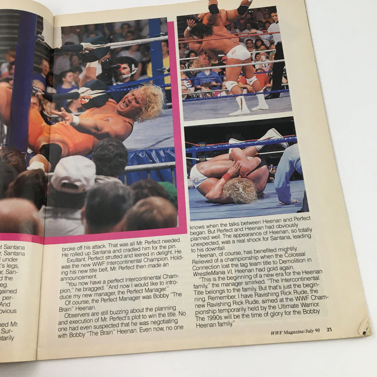 Action shots showcasing wrestling moves from WWF Magazine July 1990, highlighting famous matches.