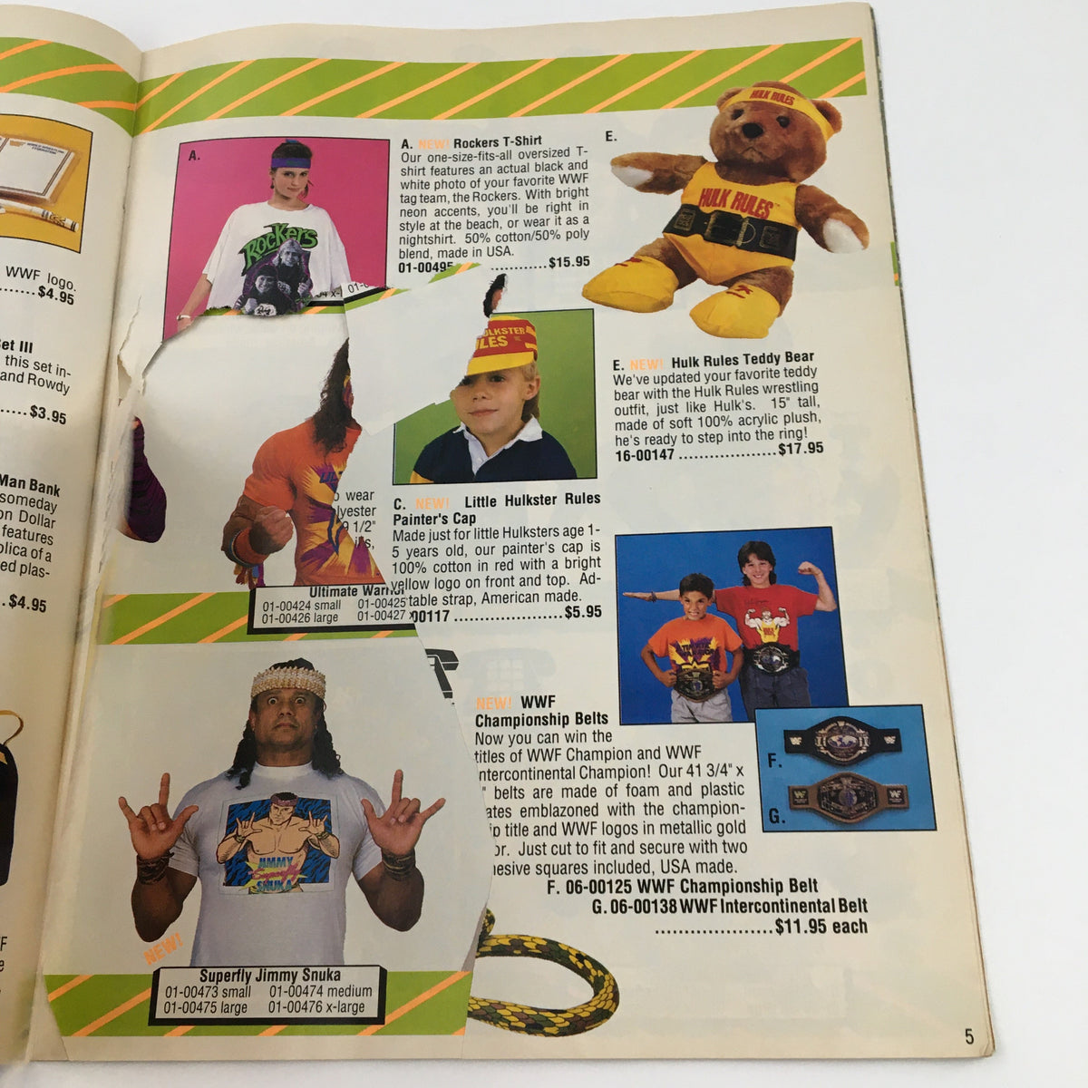 Merchandise advertisement page from WWF Magazine July 1990, featuring wrestling-related clothing and toys.