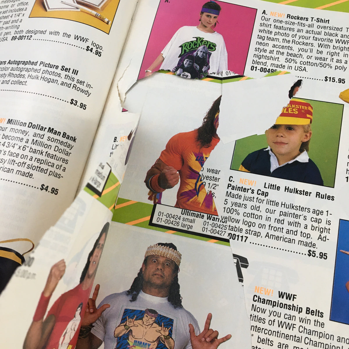 Close-up of product pages from WWF Magazine July 1990, displaying wrestling apparel and memorabilia.