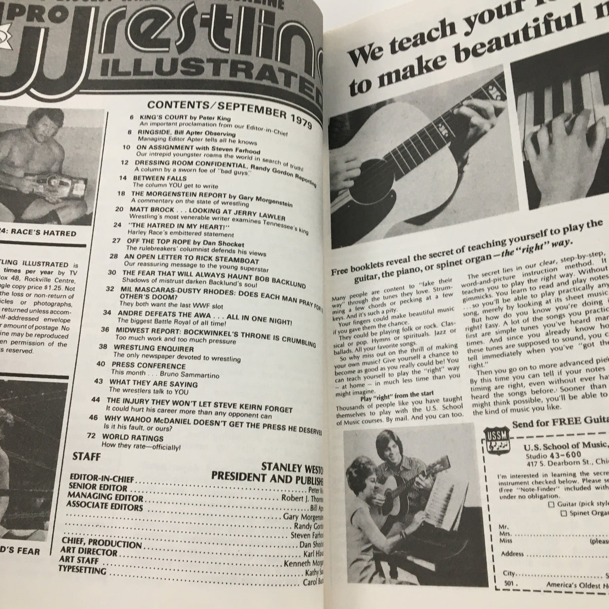 Inside page of Pro Wrestling Illustrated September 1979 showing the table of contents and features various wrestling articles and reports.