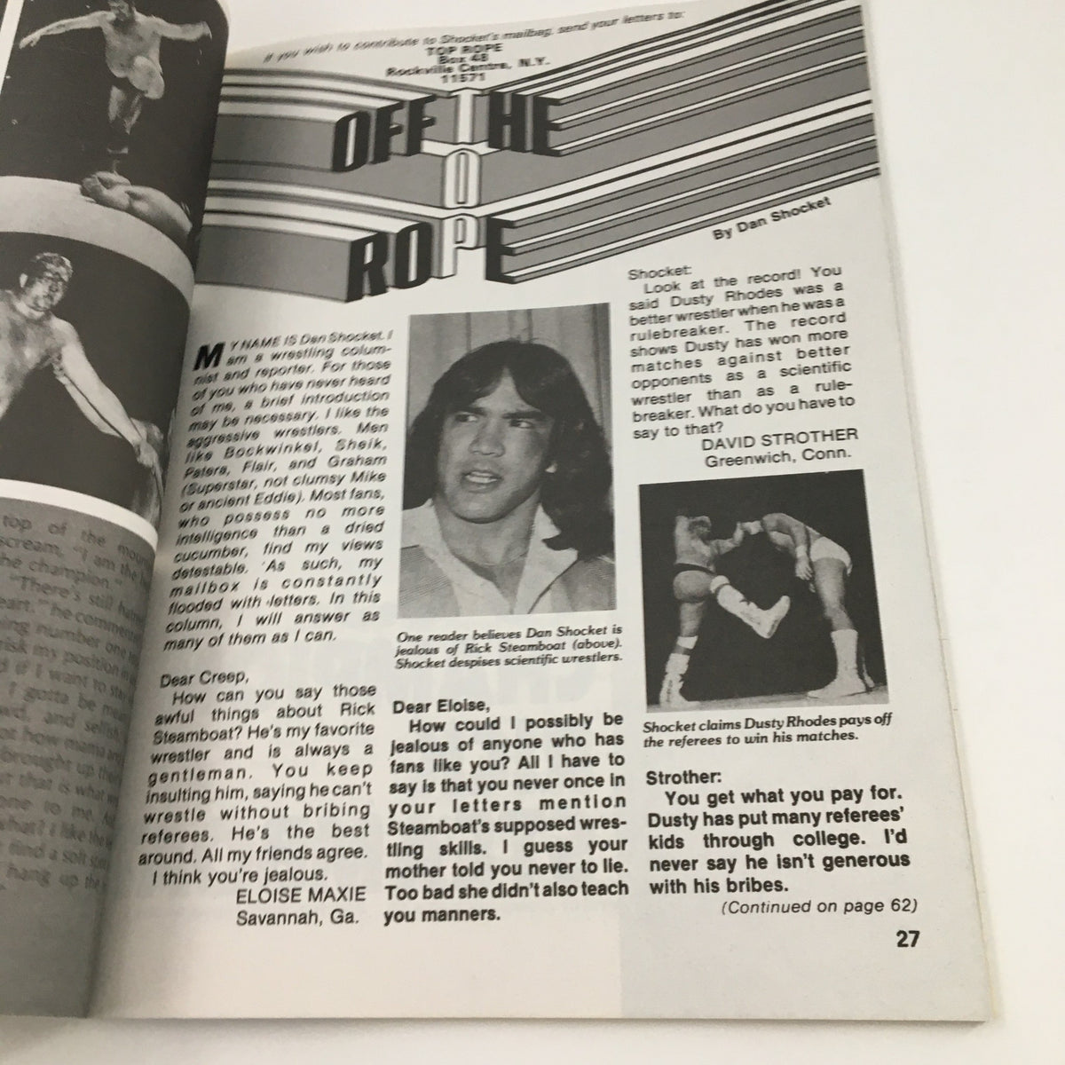 Page from Pro Wrestling Illustrated September 1979 featuring Dan Shocket's article 'Off The Ropes,' discussing wrestling opinions and reader letters.