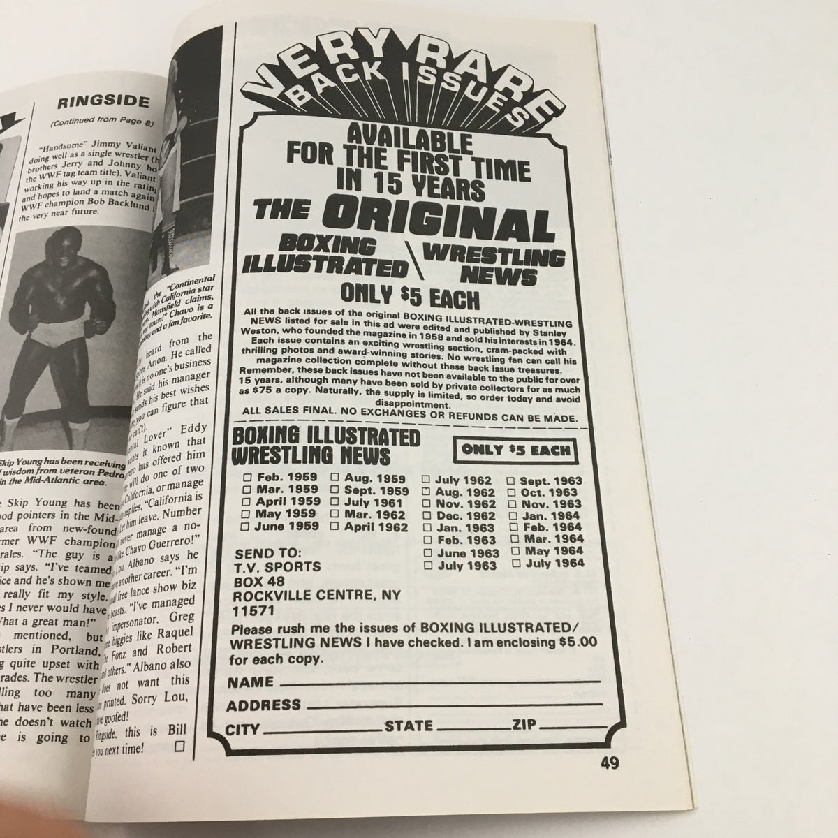 Inside page of Pro Wrestling Illustrated September 1979 featuring an advertisement for rare back issues of Boxing Illustrated Wrestling News, showcasing wrestling memorabilia. Title: Pro Wrestling Illustrated September 1979 Mascaras & Dusty Rhodes VG.