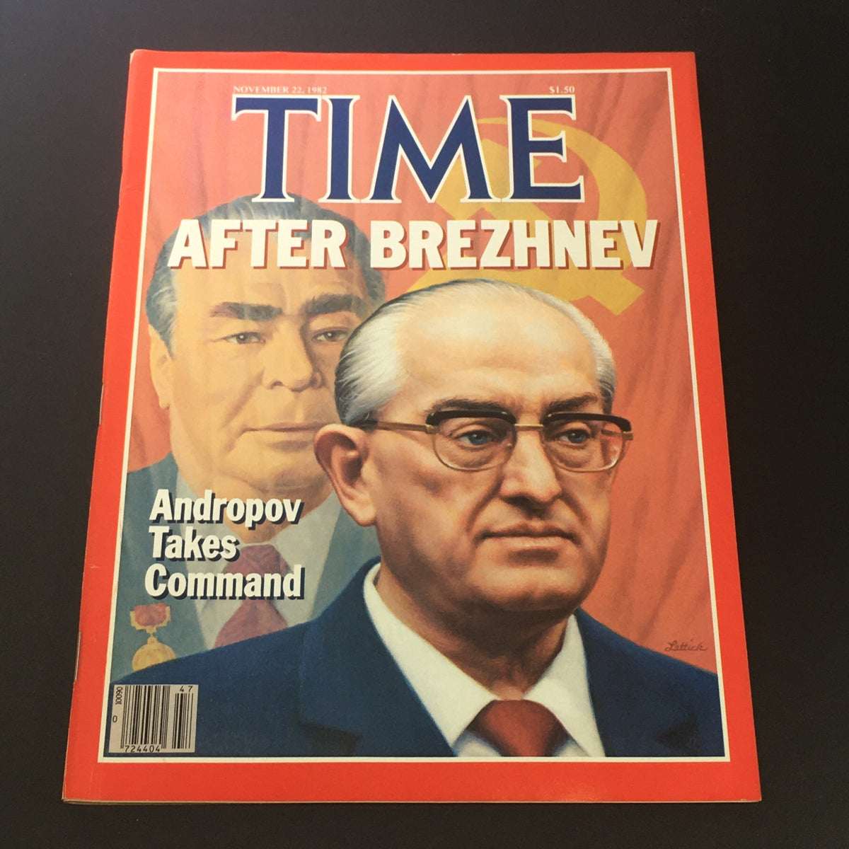 VTG Time Magazine Cover from November 22, 1982, titled 'After Brezhnev' featuring Andropov Takes Command with portraits of Leonid Brezhnev and Yuri Andropov, showcasing the political landscape of the early 1980s.