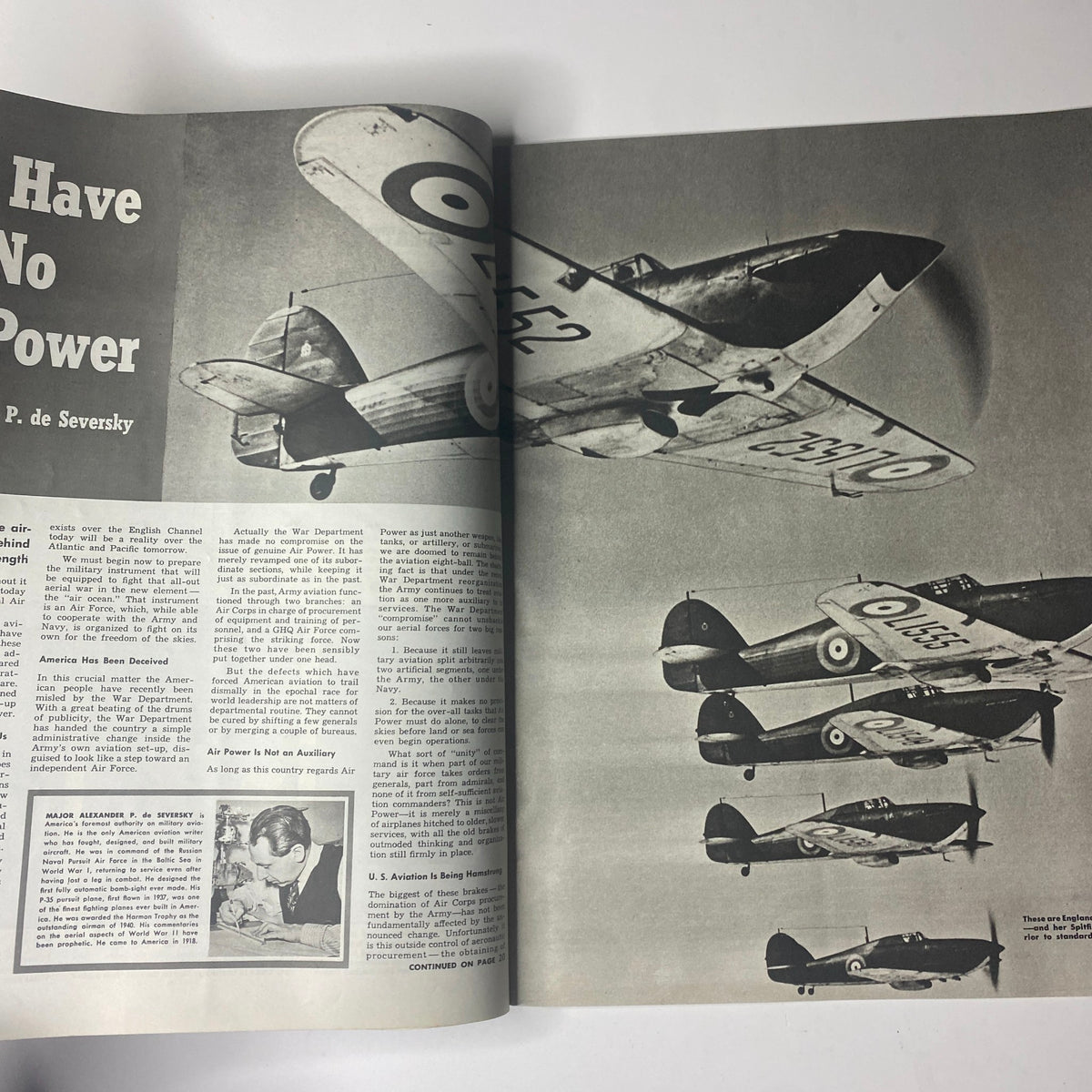 Inside spread of Look Magazine from October 7, 1941, featuring the article 'We Have No Power' by Maj. Alexander de Seversky, accompanied by images of aircraft.