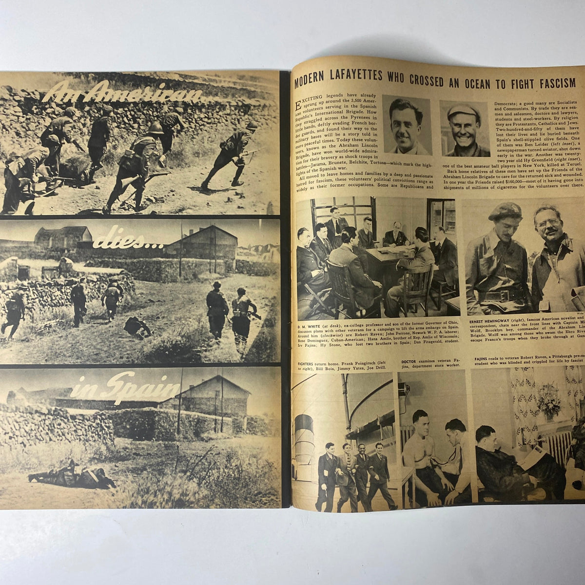 Inside spread of Focus Magazine from October 1938, featuring the article 'An American Dies in Spain' with images related to modern Lafayette volunteers fighting fascism, highlighting historical context of political activism.